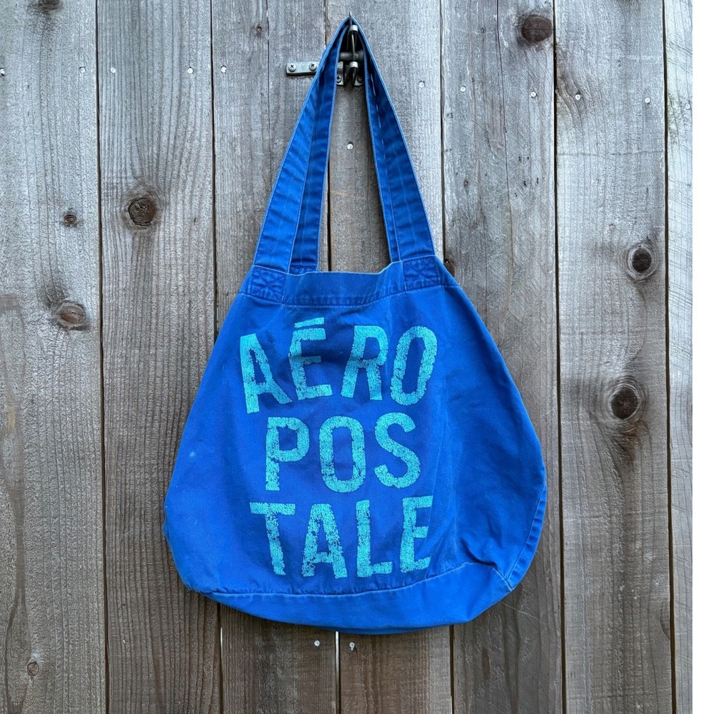 Aeropostale Blue Canvas Tote Bag Graphic Slouchy‎ Shoulder Bag Y2K Cotton Twill